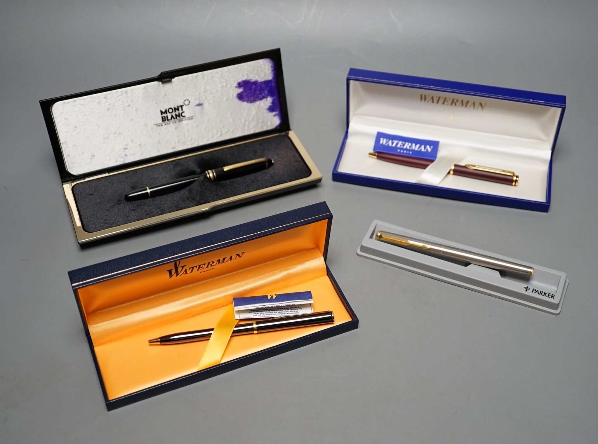 4 pens including Mount Blanc, Parker and two Watermans